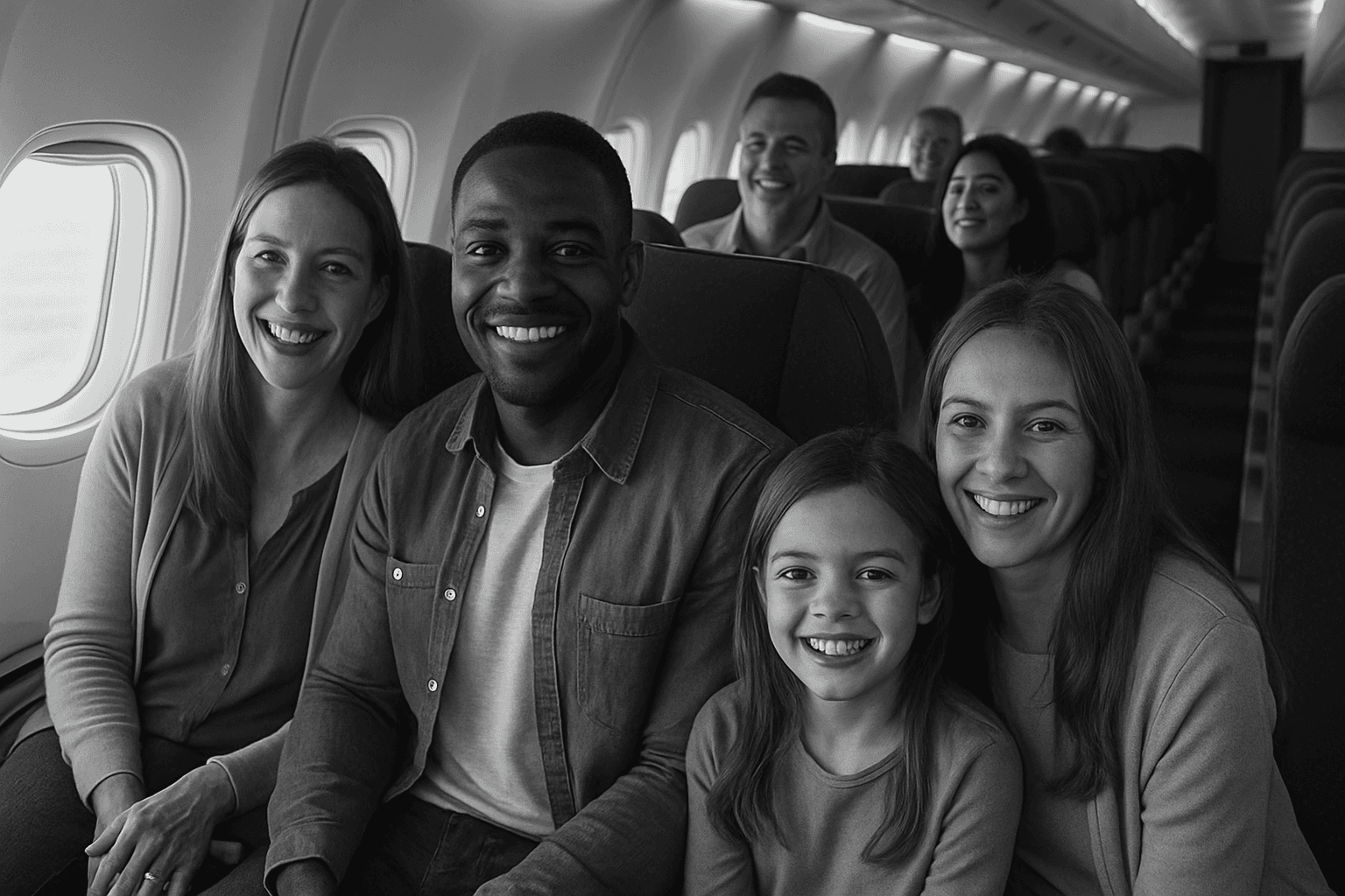 A group of airline passengers smiling together in their seats, representing group travel.