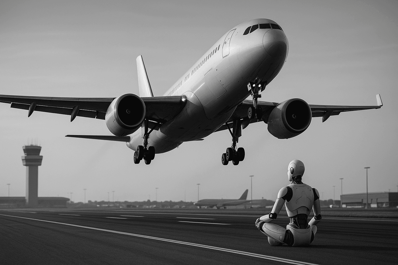 Modern aircraft taking off against a digital sky representing AI integration
