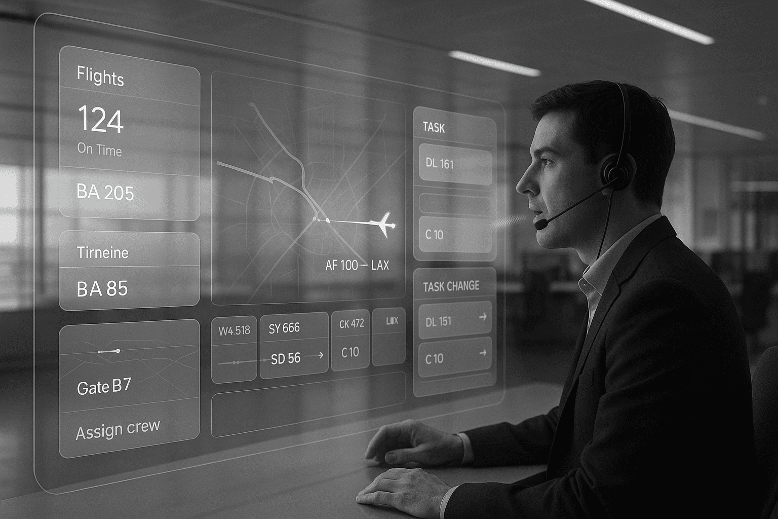 Futuristic airline operations center with AI interfaces